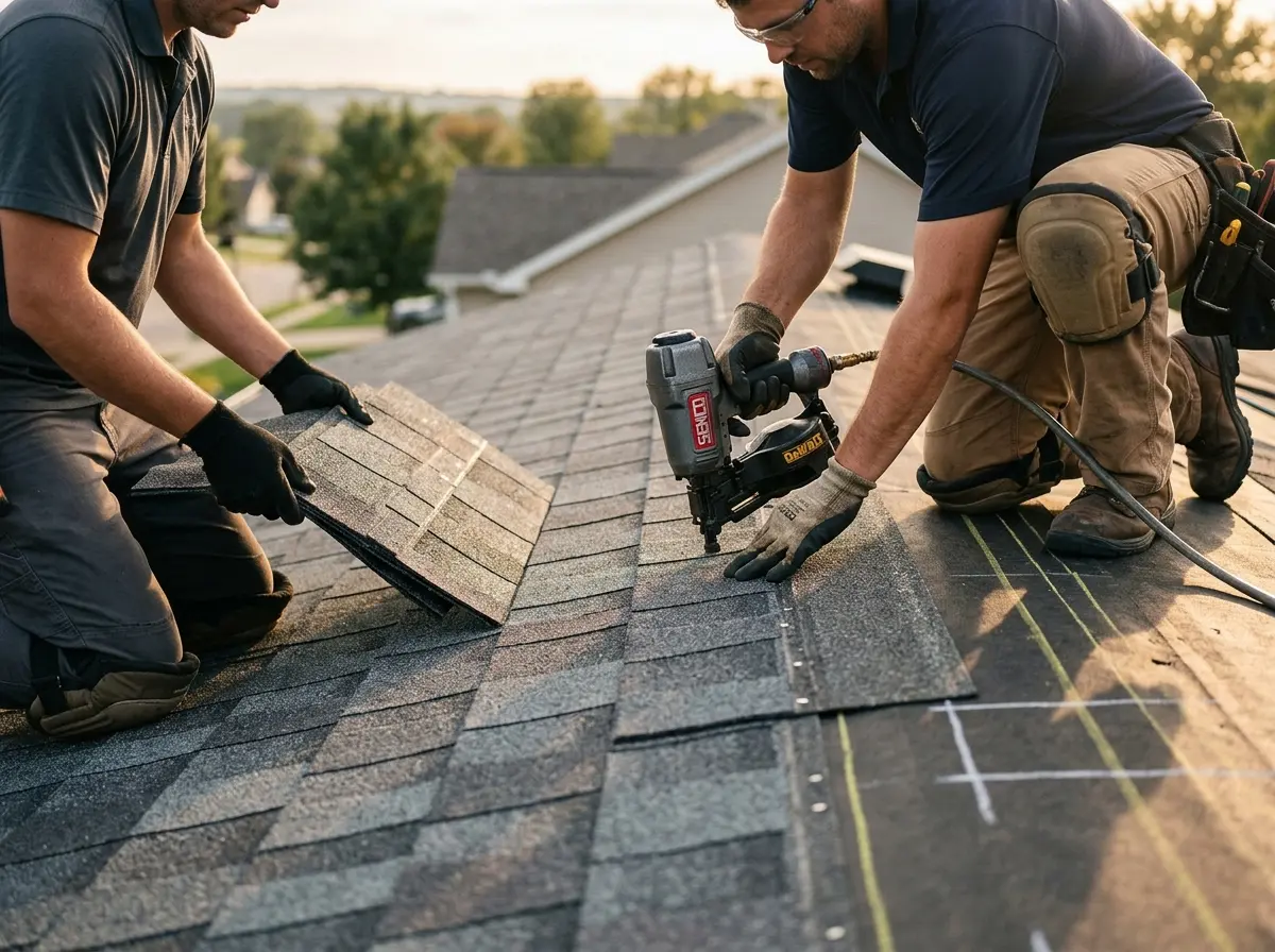 Professional roofer working on a residential roof in Winchester